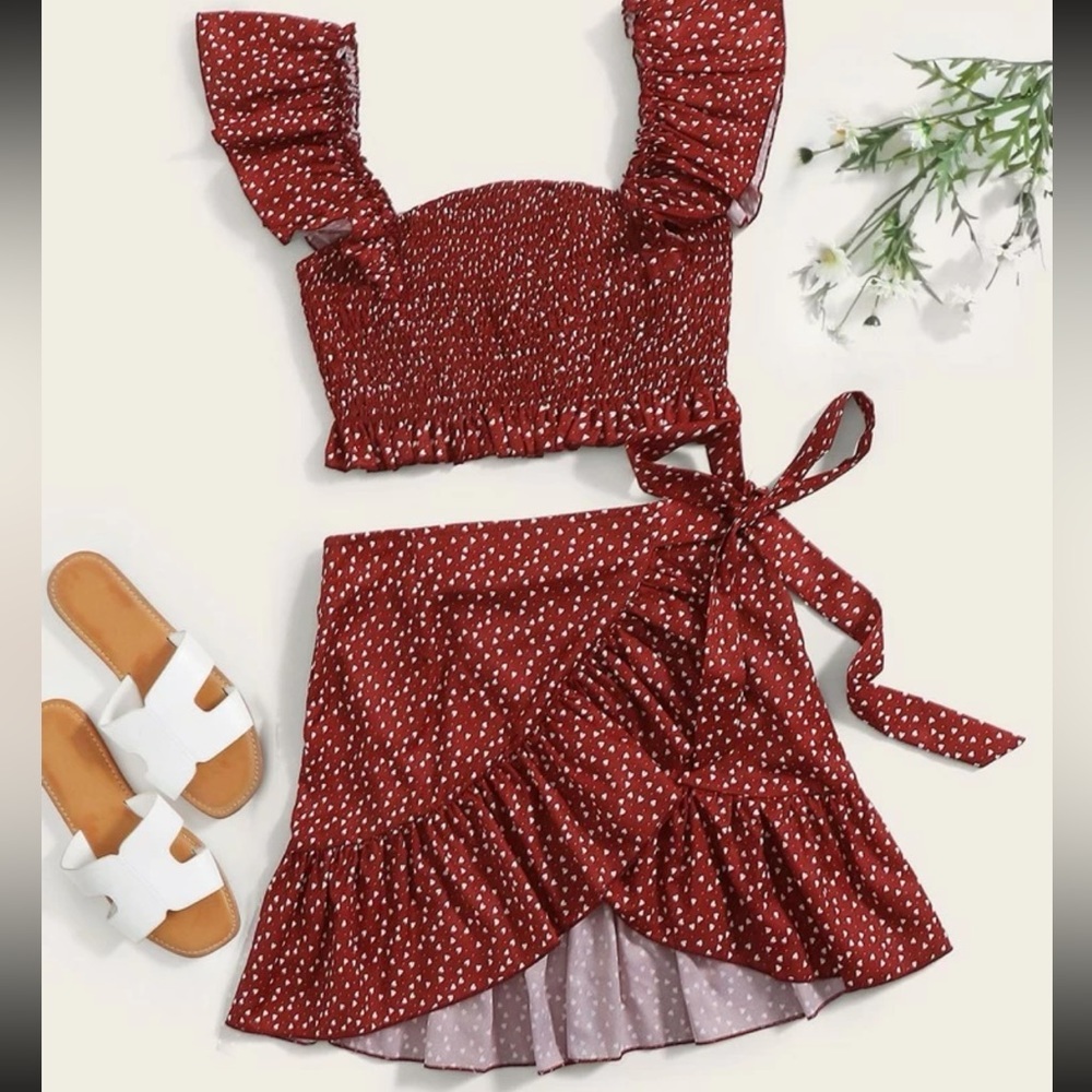 A4 - 225 Red and white Speckled Smocked Crop Top & Mini Wrap Skirt SetSize small